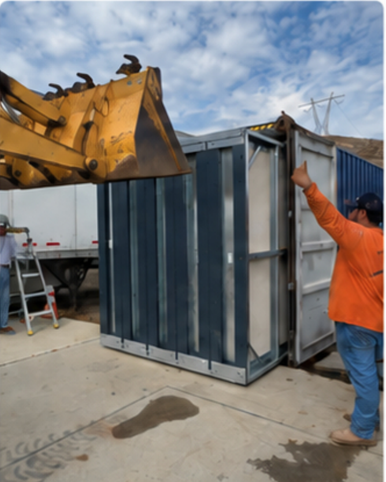 Unloading prefabricated EROUnits components from a shipping container